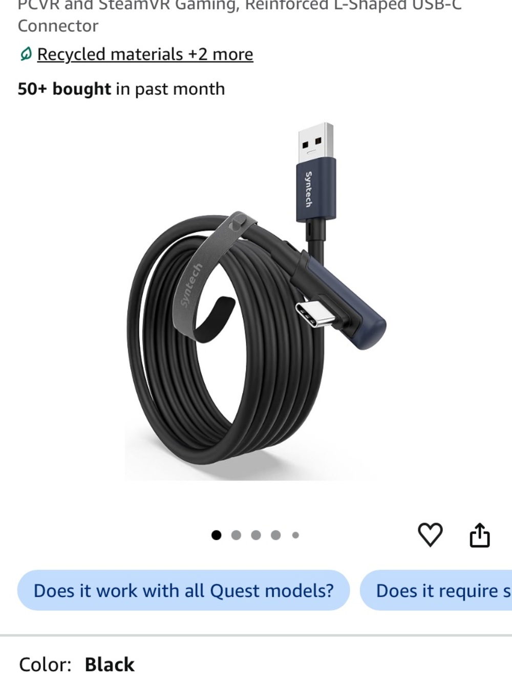 Black USB-A to L-Shaped USB-C Charging & Data Cable